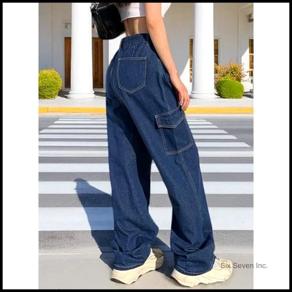 High Waisted Cargo Jeans Y2K Straight Wide Leg Baggy Denim Pants
